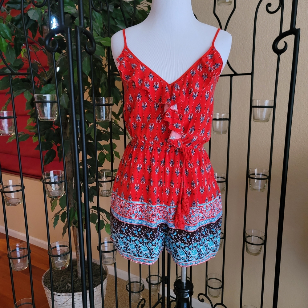 Red Floral Romper with Blue Accents